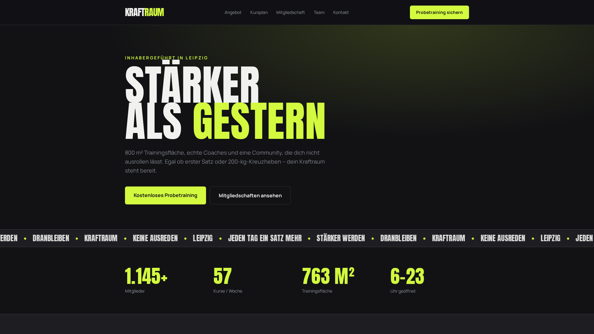 Screenshot der Demo-Website KRAFTRAUM für Fitnessstudio